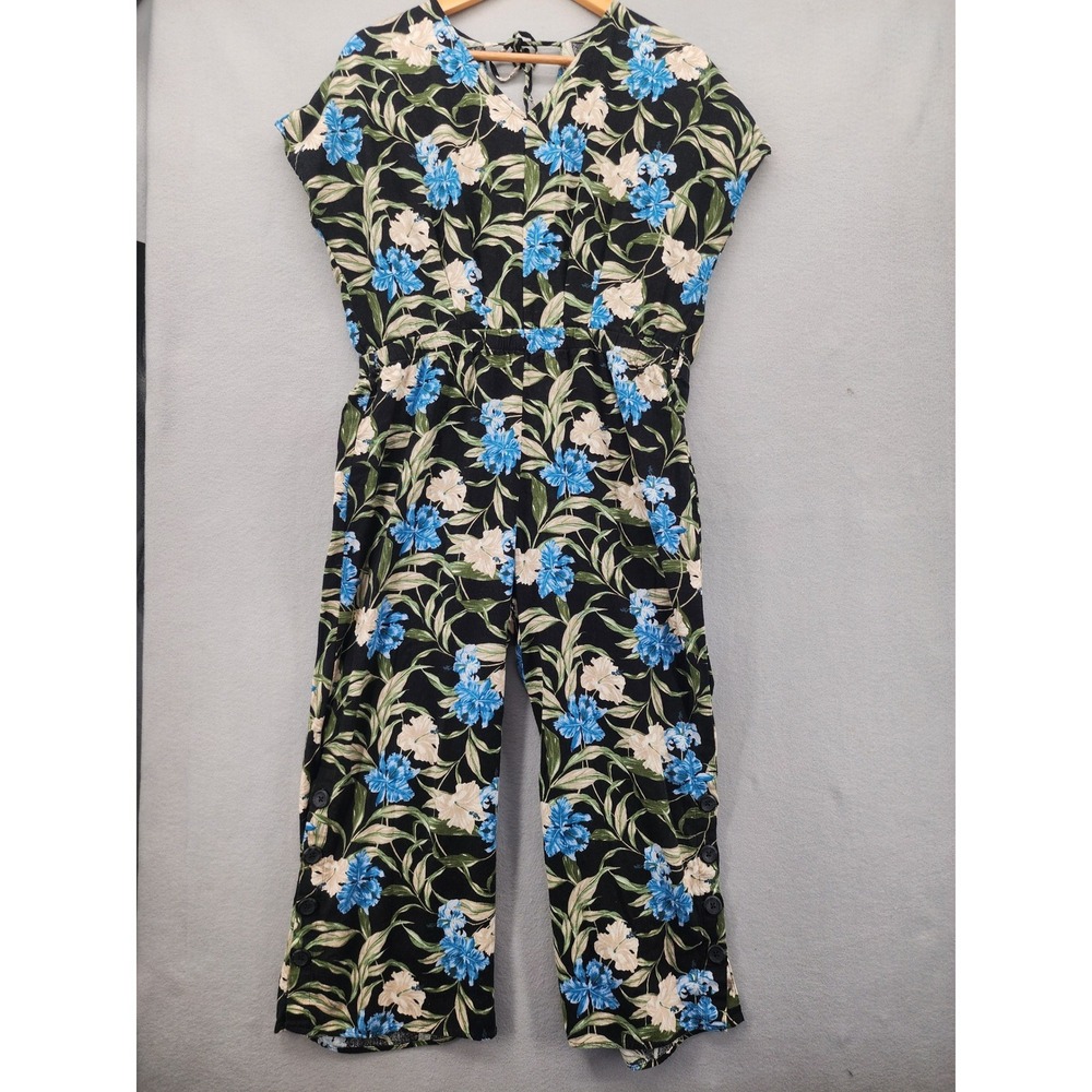 Kensie Jeans Floral Jumpsuit Blue Hibiscus Wide Leg‎ Button Hem Summer Romper M